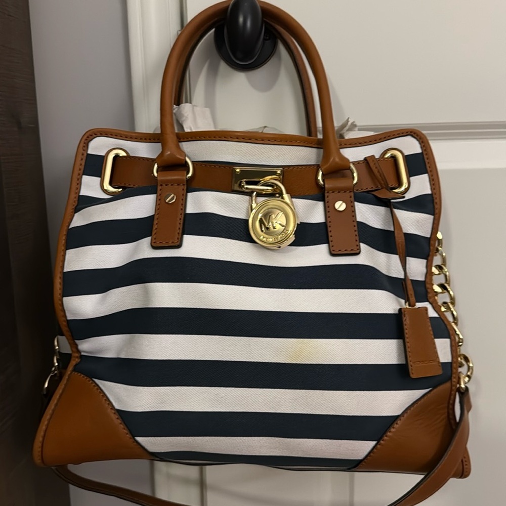 Michael Kors Striped Handbag with Tan Leather Accents